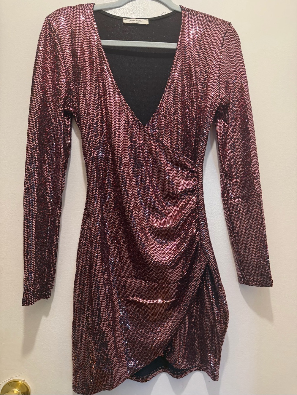 Women’s Long-Sleeve Sequin Wrap Dress — Pink - Picture 1 of 1